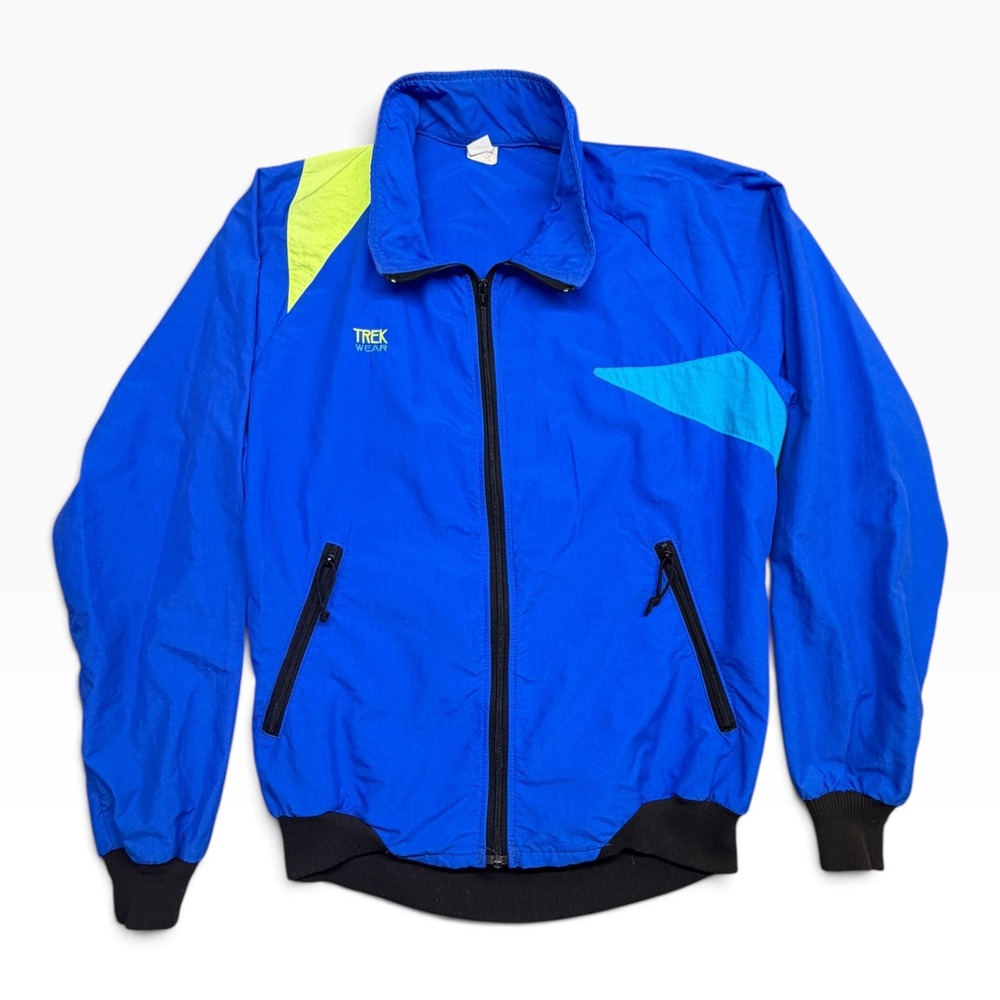Vintage Trek Wear Mens Blue Neon Colorblock Windbreaker Jacket Made in USA Large
